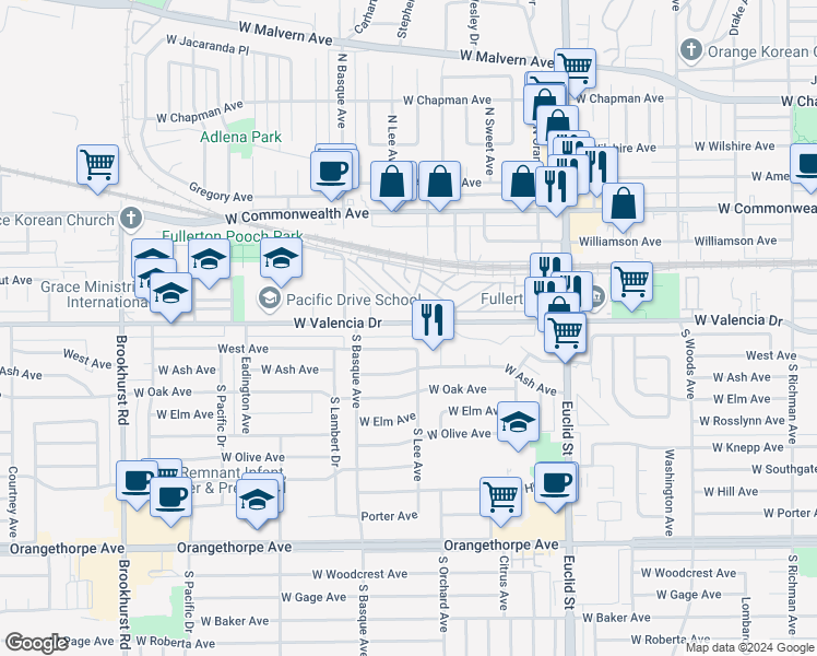 map of restaurants, bars, coffee shops, grocery stores, and more near 1310 West Valencia Drive in Fullerton