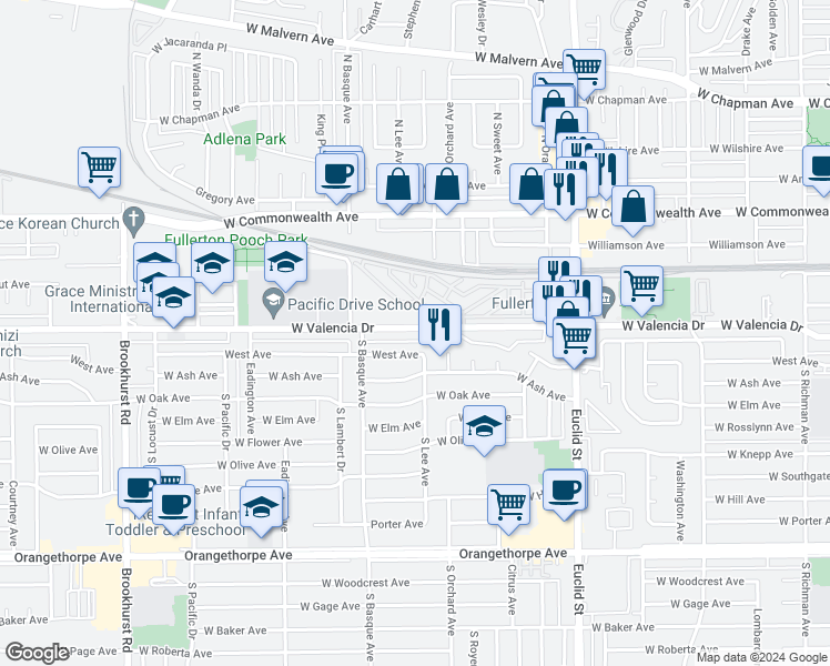 map of restaurants, bars, coffee shops, grocery stores, and more near 1310 West Valencia Drive in Fullerton