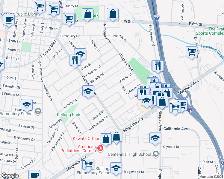 map of restaurants, bars, coffee shops, grocery stores, and more near 1262 Cottonwood Circle in Corona