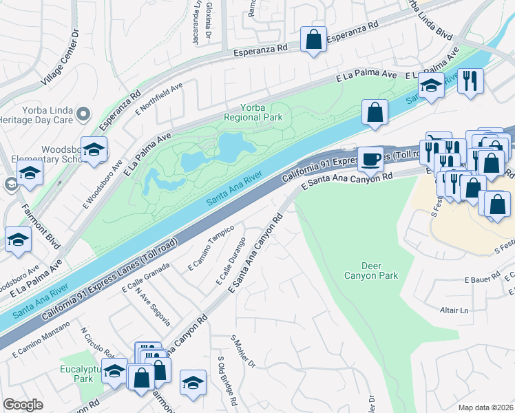 map of restaurants, bars, coffee shops, grocery stores, and more near 7745 East Camino Tampico in Anaheim