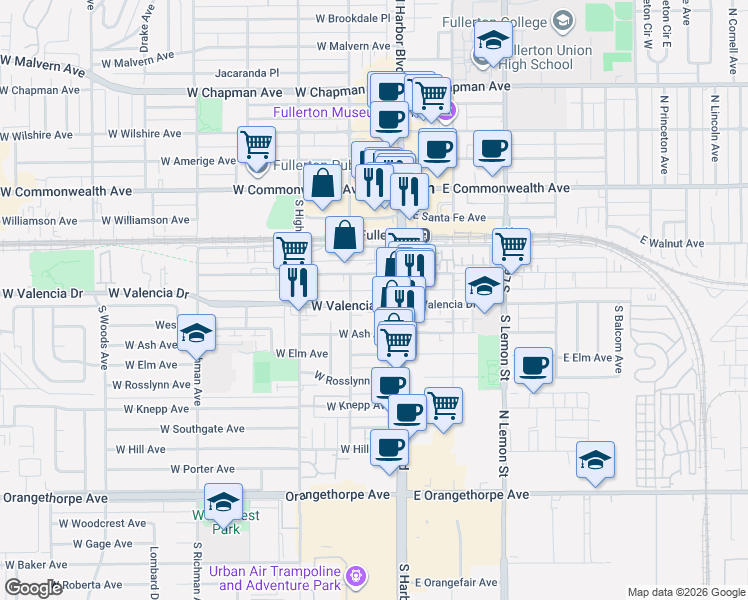 map of restaurants, bars, coffee shops, grocery stores, and more near 126 West Truslow Avenue in Fullerton