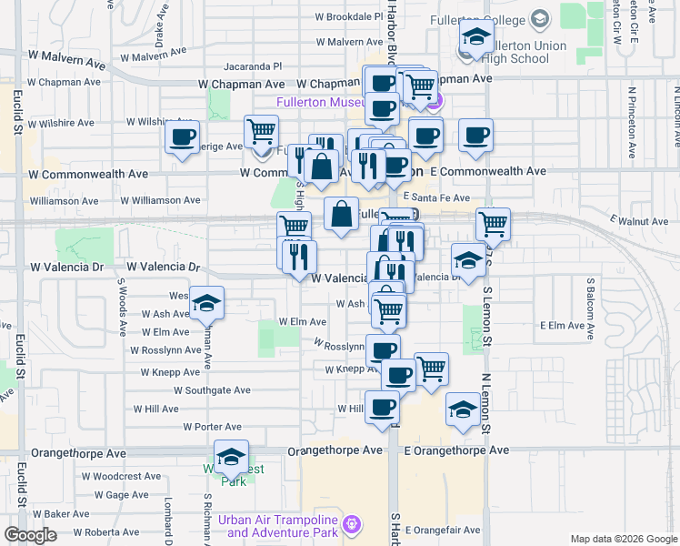 map of restaurants, bars, coffee shops, grocery stores, and more near 210 West Truslow Avenue in Fullerton