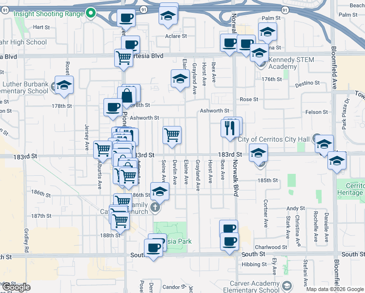 map of restaurants, bars, coffee shops, grocery stores, and more near 18027 Elaine Avenue in Artesia