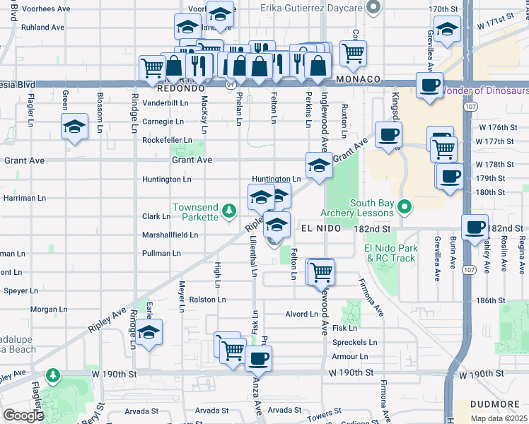 map of restaurants, bars, coffee shops, grocery stores, and more near 2516 Harriman Lane in Redondo Beach