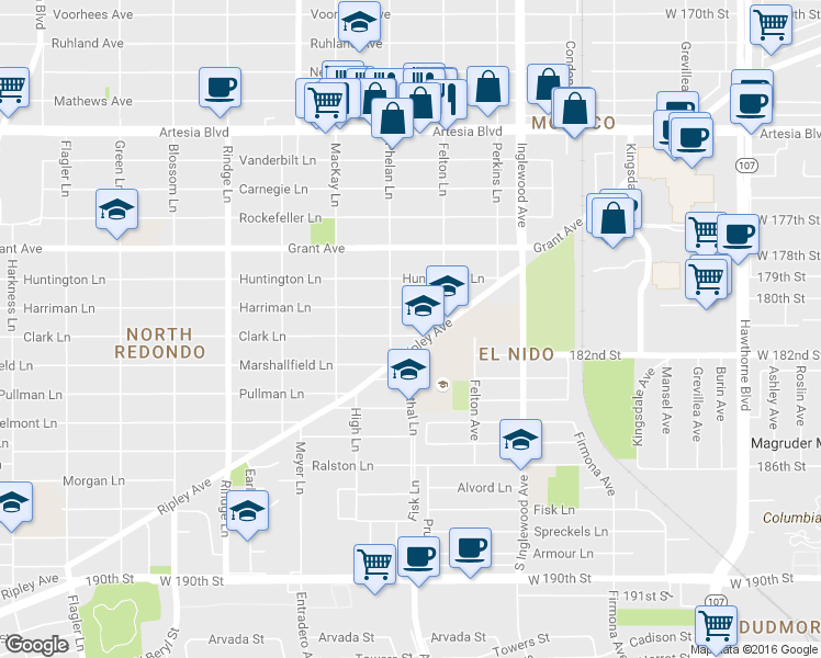 map of restaurants, bars, coffee shops, grocery stores, and more near 2516 Harriman Lane in Redondo Beach