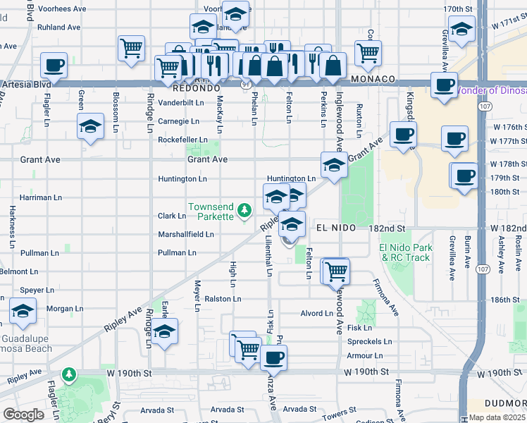 map of restaurants, bars, coffee shops, grocery stores, and more near 2422 Harriman Lane in Redondo Beach