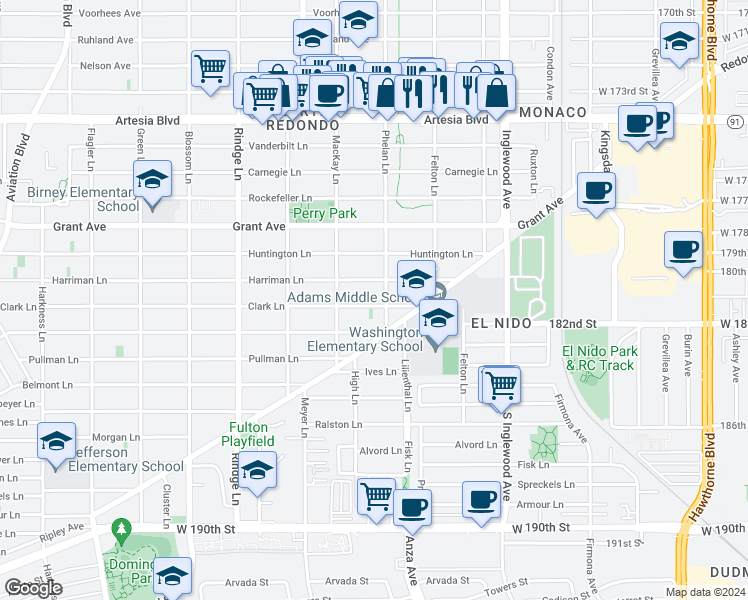 map of restaurants, bars, coffee shops, grocery stores, and more near 2422 Harriman Lane in Redondo Beach