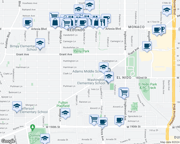 map of restaurants, bars, coffee shops, grocery stores, and more near 2404 Harriman Lane in Redondo Beach