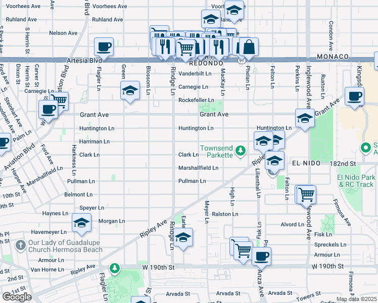 map of restaurants, bars, coffee shops, grocery stores, and more near 2220 Harriman Lane in Redondo Beach