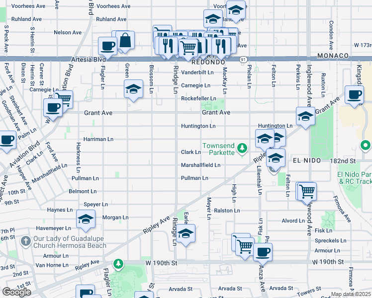map of restaurants, bars, coffee shops, grocery stores, and more near 2200 Harriman Lane in Redondo Beach