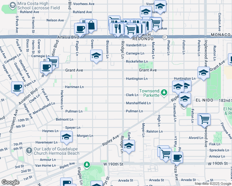 map of restaurants, bars, coffee shops, grocery stores, and more near 2108 Harriman Lane in Redondo Beach