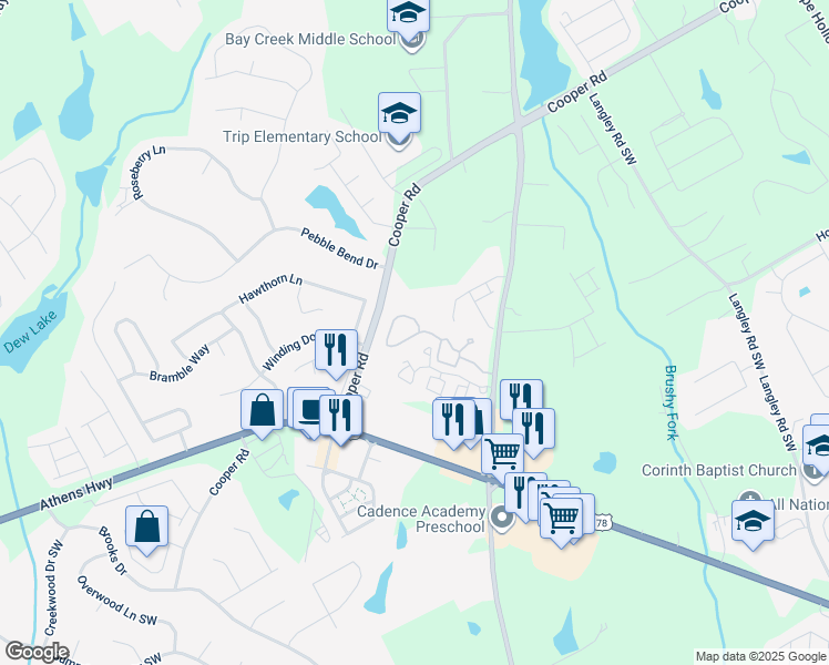 map of restaurants, bars, coffee shops, grocery stores, and more near 962 Cooper Road in Grayson