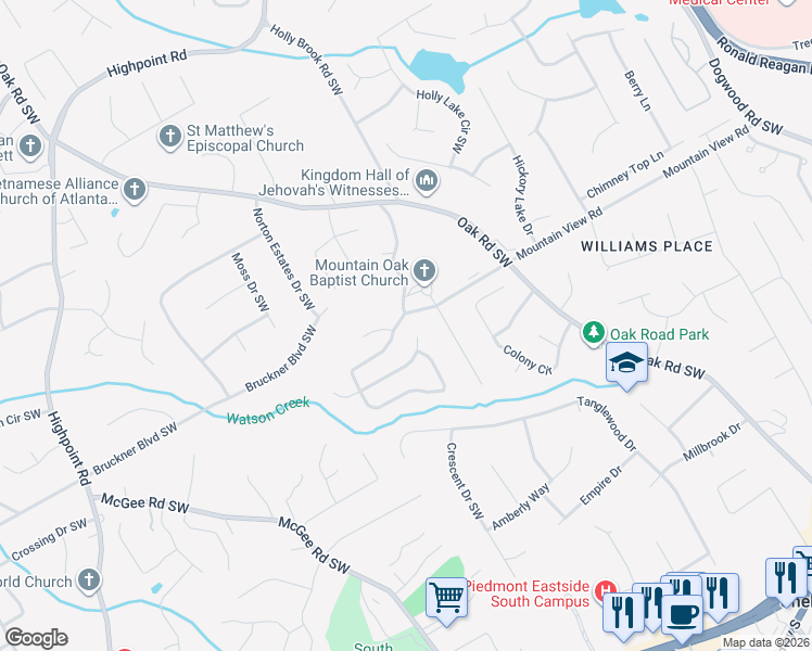 map of restaurants, bars, coffee shops, grocery stores, and more near 2700 Oak Meadow Drive in Snellville