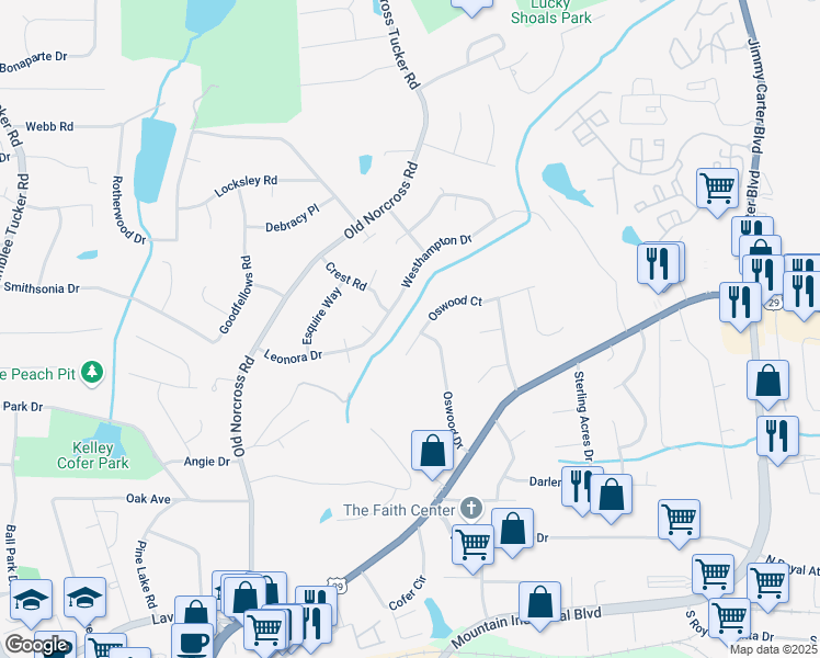 map of restaurants, bars, coffee shops, grocery stores, and more near 4568 Oswood Court in Tucker