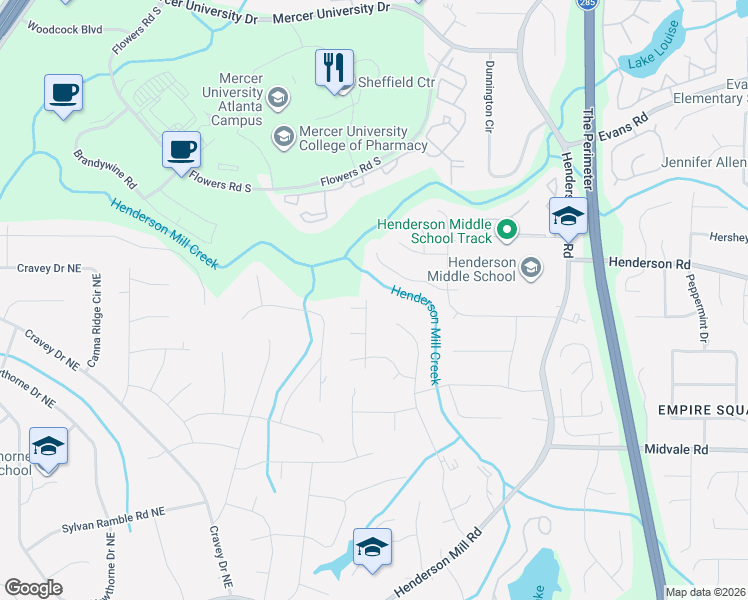 map of restaurants, bars, coffee shops, grocery stores, and more near 2700 Smoketree Way Northeast in Atlanta