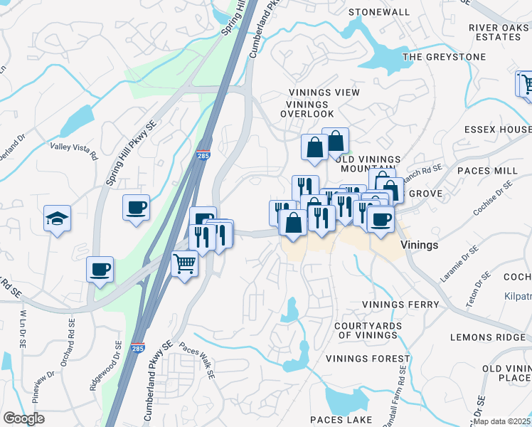 map of restaurants, bars, coffee shops, grocery stores, and more near 2727 Paces Ferry Road Southeast in Atlanta