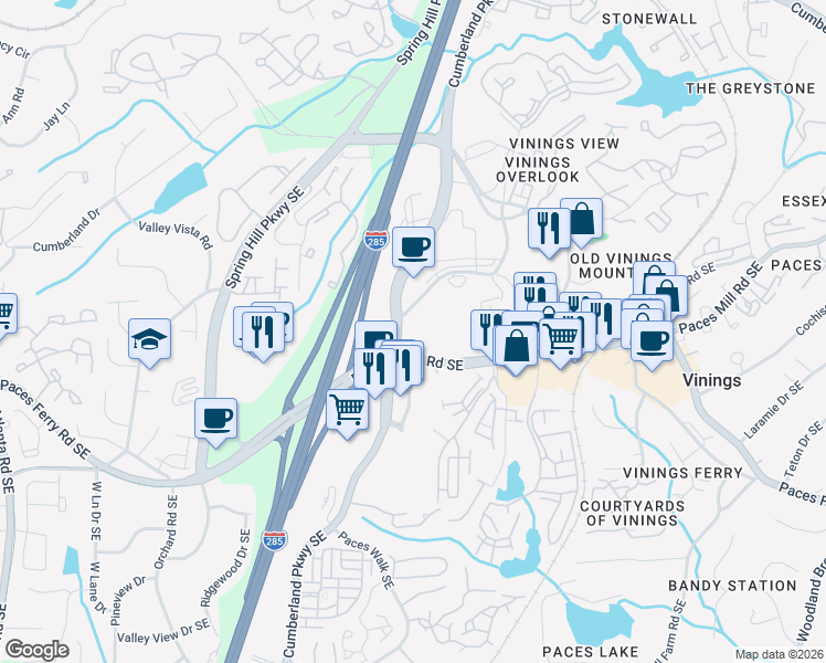 map of restaurants, bars, coffee shops, grocery stores, and more near 2675 Paces Ferry Road Southeast in Atlanta