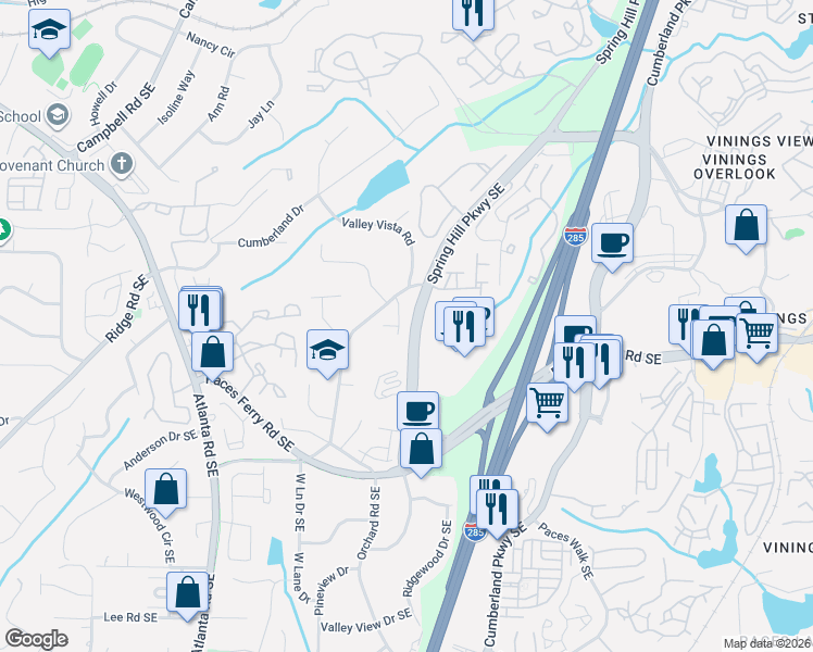 map of restaurants, bars, coffee shops, grocery stores, and more near 3528 Simpson Farm Drive Southeast in Smyrna