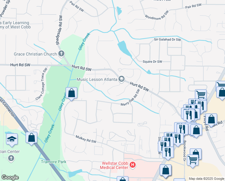 map of restaurants, bars, coffee shops, grocery stores, and more near 3607 Main Station Drive Southwest in Marietta