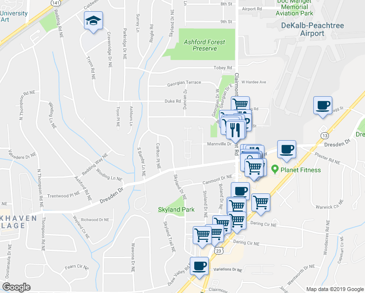 map of restaurants, bars, coffee shops, grocery stores, and more near 2776 Durham Drive Northeast in Atlanta