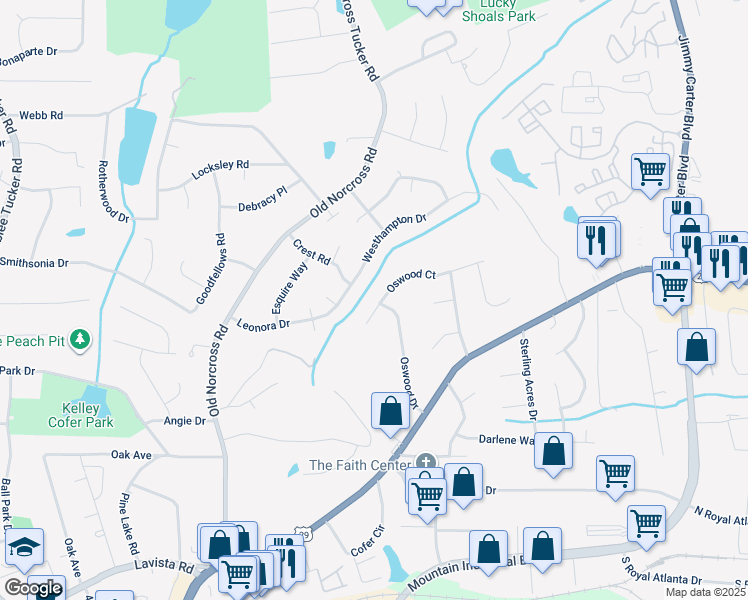 map of restaurants, bars, coffee shops, grocery stores, and more near 4568 Oswood Court in Tucker