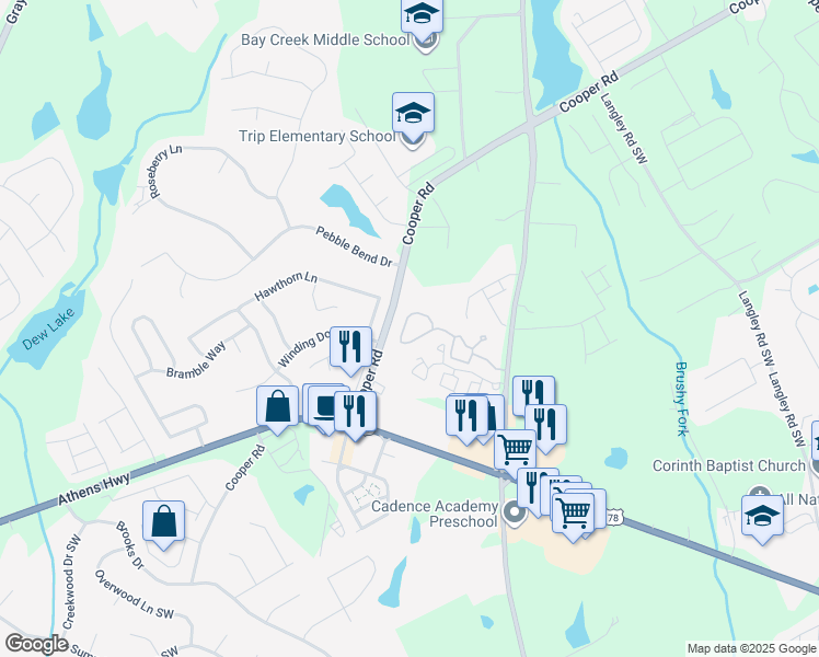 map of restaurants, bars, coffee shops, grocery stores, and more near 1703 Rosebud Court Avenue in Grayson