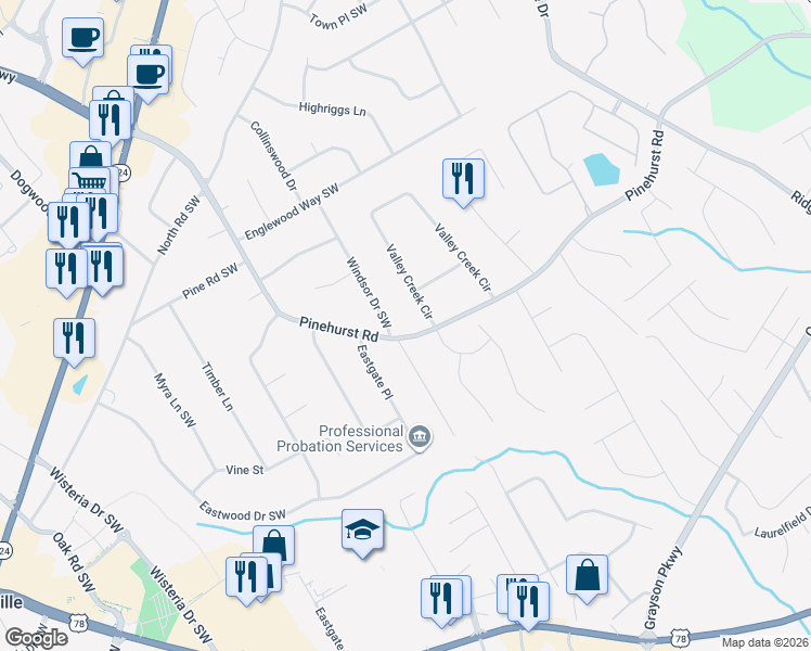 map of restaurants, bars, coffee shops, grocery stores, and more near 1989 Pinehurst Road in Snellville