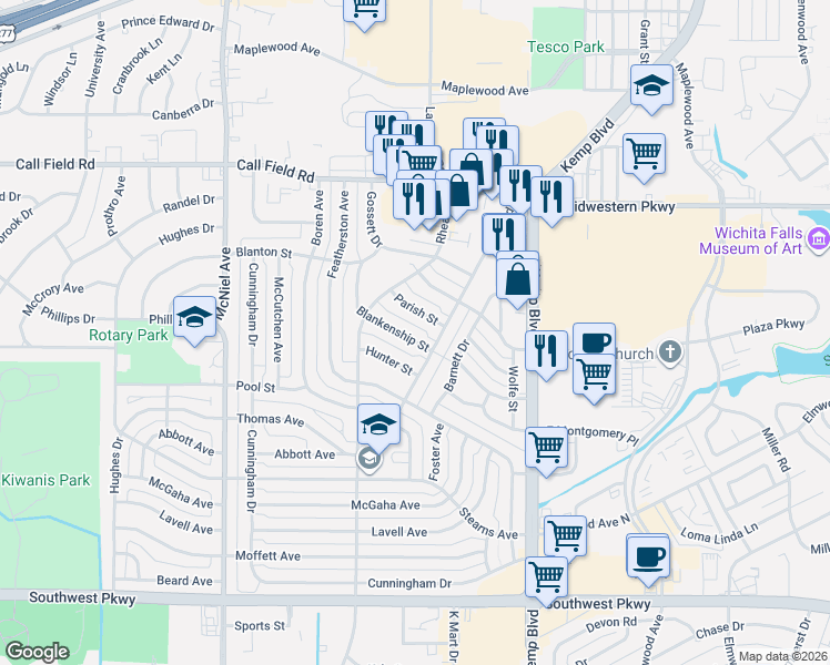 map of restaurants, bars, coffee shops, grocery stores, and more near 2947 Parish Street in Wichita Falls