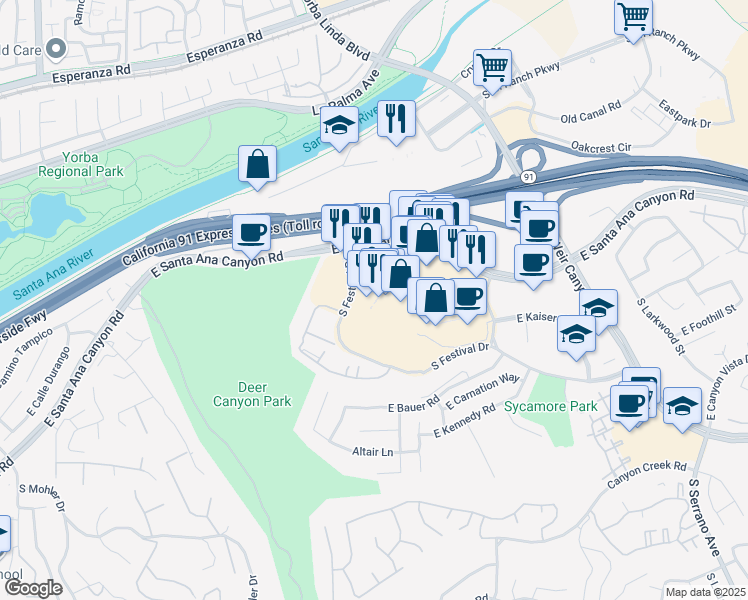 map of restaurants, bars, coffee shops, grocery stores, and more near 8018 East Santa Ana Canyon Road in Anaheim