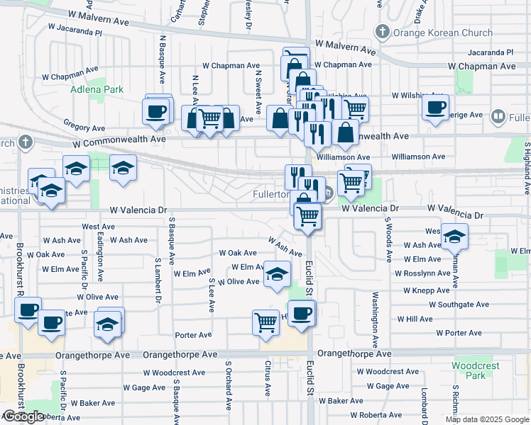 map of restaurants, bars, coffee shops, grocery stores, and more near 1148 West Valencia Drive in Fullerton