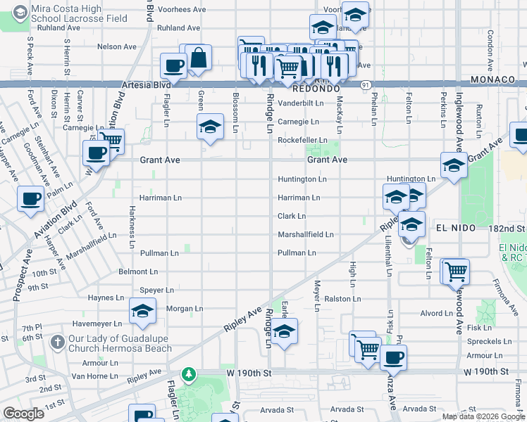map of restaurants, bars, coffee shops, grocery stores, and more near 2200 Harriman Lane in Redondo Beach