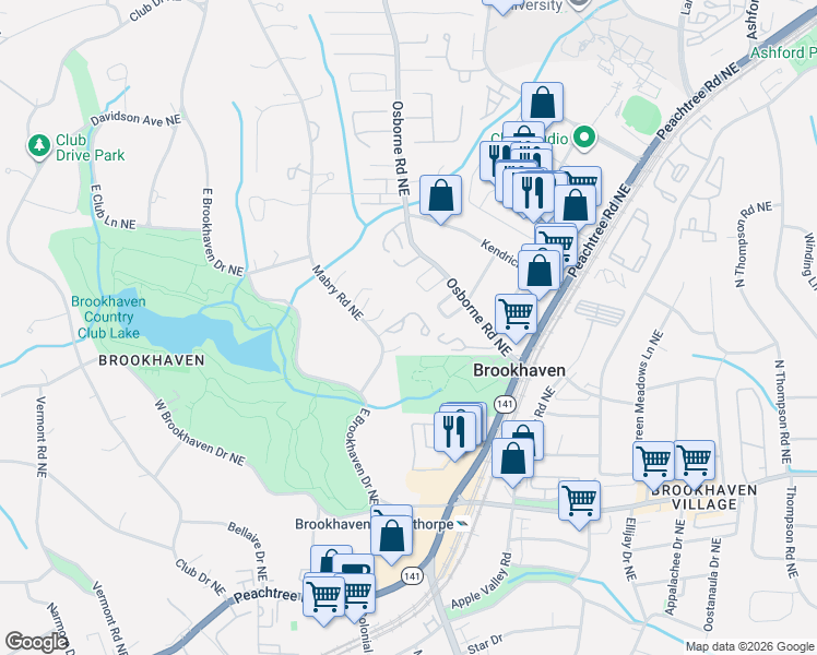 map of restaurants, bars, coffee shops, grocery stores, and more near 1170 Brookgate Way Northeast in Atlanta