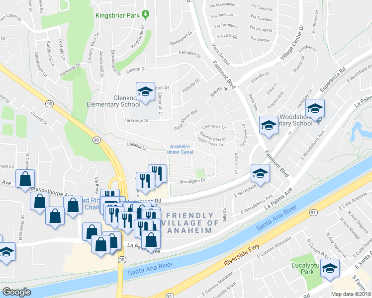 map of restaurants, bars, coffee shops, grocery stores, and more near 6811 Blue Ridge Court in Yorba Linda