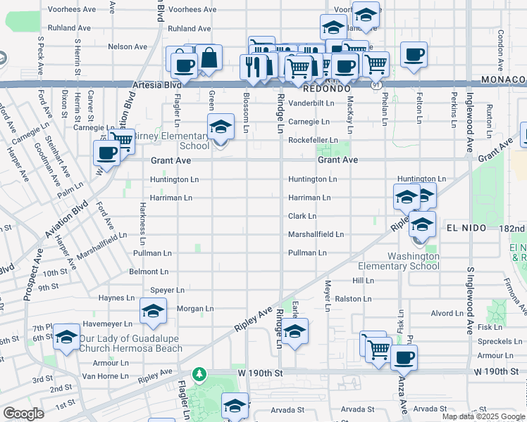 map of restaurants, bars, coffee shops, grocery stores, and more near in Redondo Beach