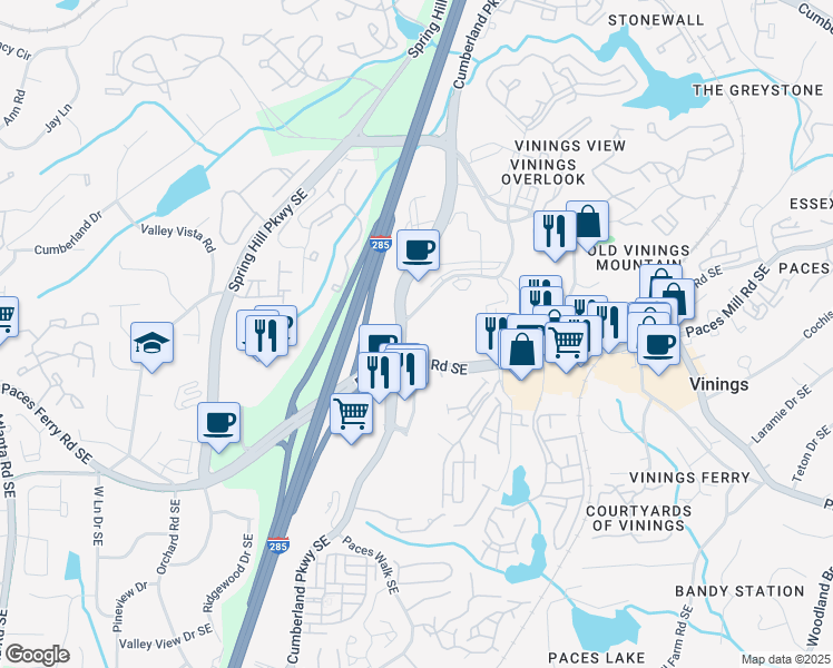 map of restaurants, bars, coffee shops, grocery stores, and more near 2675 Paces Ferry Road Southeast in Atlanta