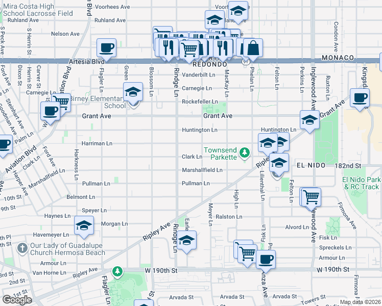 map of restaurants, bars, coffee shops, grocery stores, and more near 2220 Harriman Lane in Redondo Beach