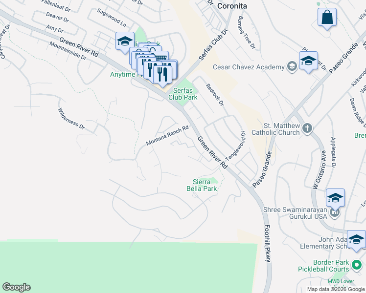 map of restaurants, bars, coffee shops, grocery stores, and more near 2450 San Gabriel Way in Corona