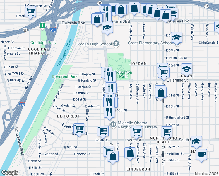 map of restaurants, bars, coffee shops, grocery stores, and more near in Long Beach