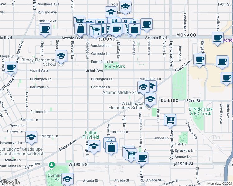 map of restaurants, bars, coffee shops, grocery stores, and more near 2321 Clark Lane in Redondo Beach
