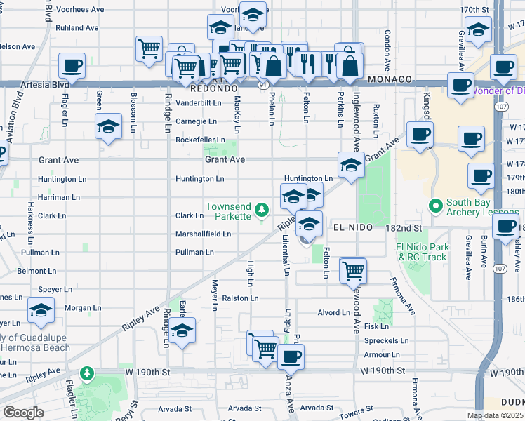 map of restaurants, bars, coffee shops, grocery stores, and more near 2422 Harriman Lane in Redondo Beach