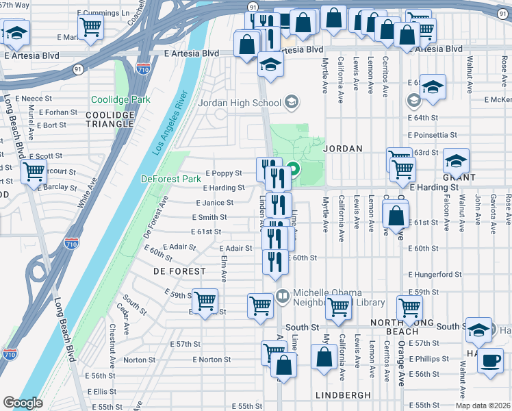 map of restaurants, bars, coffee shops, grocery stores, and more near 6151 Linden Avenue in Long Beach