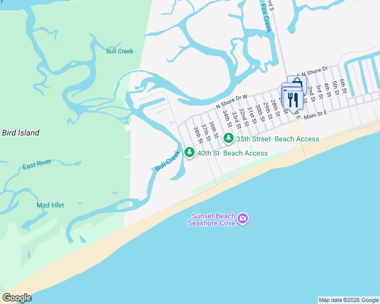 map of restaurants, bars, coffee shops, grocery stores, and more near 427 40th Street in Sunset Beach