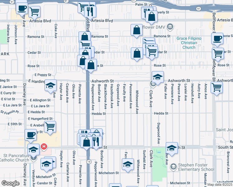 map of restaurants, bars, coffee shops, grocery stores, and more near 6119 Graywood Avenue in Lakewood