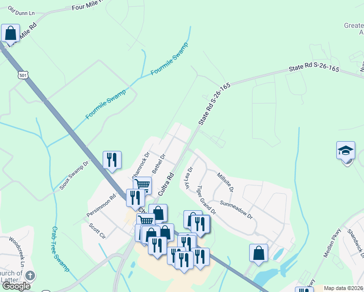 map of restaurants, bars, coffee shops, grocery stores, and more near 3114 Cultra Road in Conway