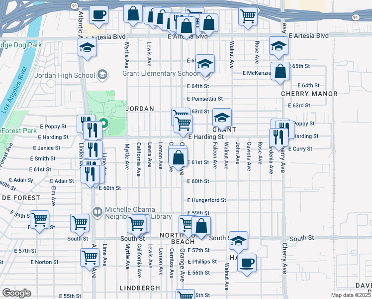map of restaurants, bars, coffee shops, grocery stores, and more near 6140 Orange Avenue in Long Beach