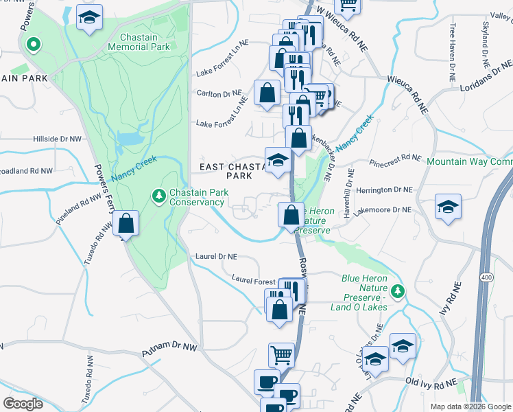 map of restaurants, bars, coffee shops, grocery stores, and more near Chastain Drive Northeast in Atlanta