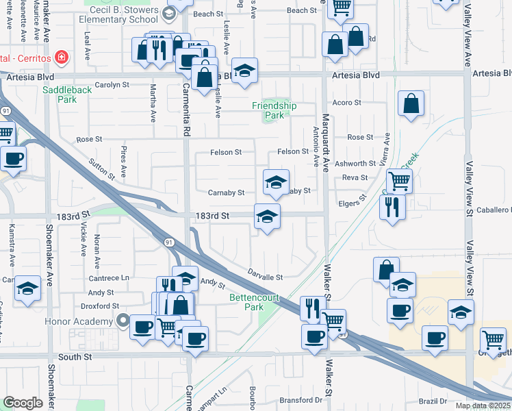 map of restaurants, bars, coffee shops, grocery stores, and more near 13554 Elgers Street in Cerritos