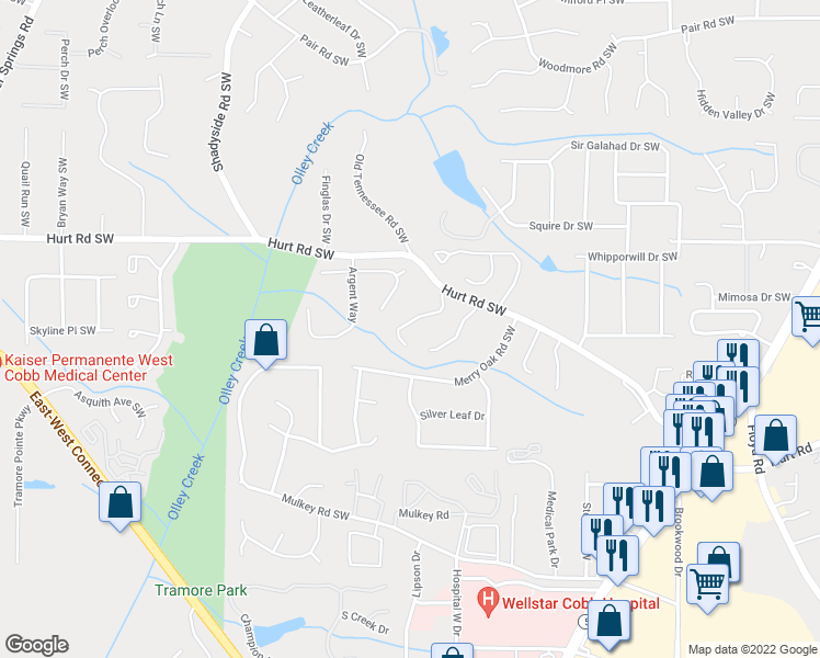 map of restaurants, bars, coffee shops, grocery stores, and more near 3607 Main Station Drive Southwest in Marietta