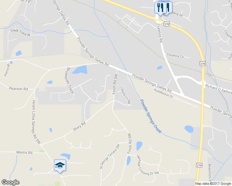 map of restaurants, bars, coffee shops, grocery stores, and more near 3660 Oak Lane Southwest in Hiram