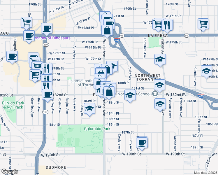 map of restaurants, bars, coffee shops, grocery stores, and more near 18150 Prairie Avenue in Torrance